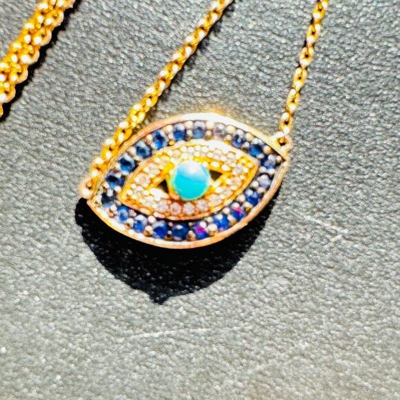 Evil Eye Link Pendant Blue & Clear Rhinestones over Gold Plated Necklace 16-19" - Picture 5 of 10